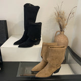 Xajzpa Retro Style Fold Button Women Knee-High Boots Fashion Pointed Toe Square Low Heels Casual Dress Ladies Shoes