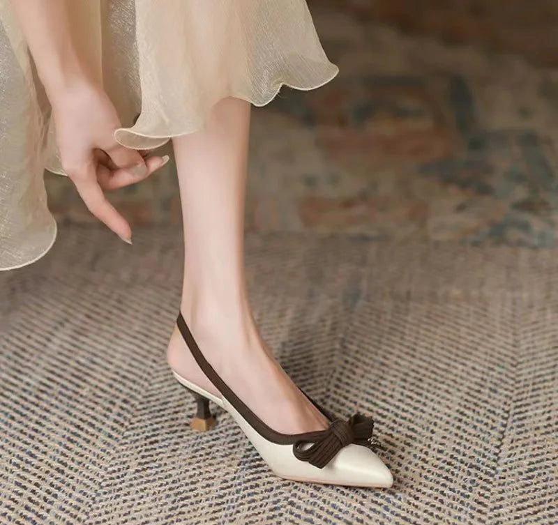 Xajzpa Elegant bow thin heel pointed toe shallow mouth single shoe color blocked simple casual fashionable women's shoes