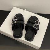 Xajzpa Low Leopard Shoes Slippers Women Summer Big Size Platform Slides Pantofle 2025 PU Fabric Buckle Strap Rome Rubber Hoof Heels