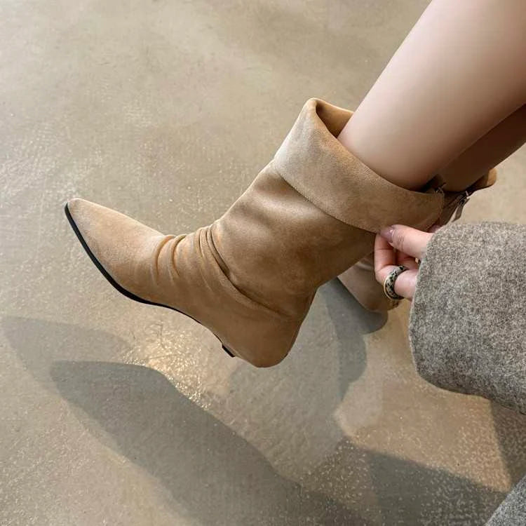 Xajzpa New Style Luxury Women's Flats Women's Boots Pointed Toe Designer Mid Calf Shoes Winter Fad Boots Trend Gladiator Walking Boots