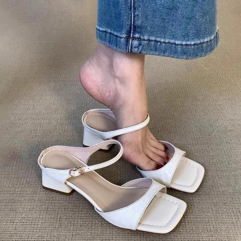 Xajzpa Women's Shoes 2025 New Concise Buckle Strap Square Heel Women's Slippers Fashion Peep Toe Versatile Large Size Modern Slippers