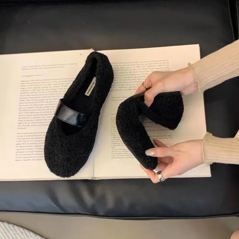 Xajzpa New Women Ballet Laofer Flat Shoes Fashion Shallow Slip on Ladies Fur Mary Jane Shoes Soft Outdoor Granny Shoes Zapatos Mujer