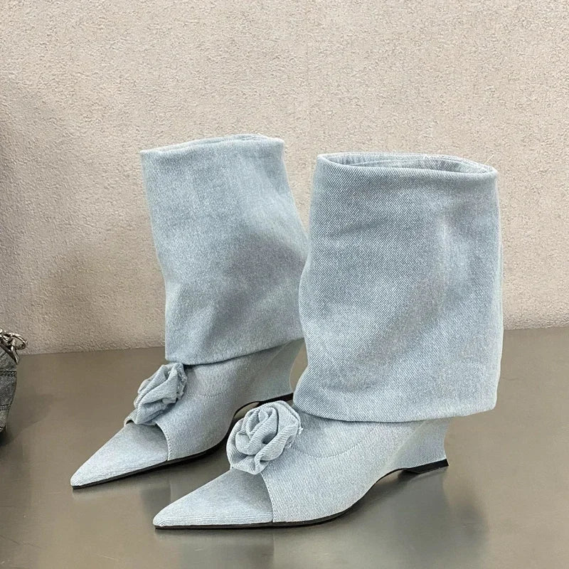Xajzpa Fashion Street Style Design Flowers Peep Pointed Toe Women Ankle Boots Sandals Wedges High Heels Ladies Shoes