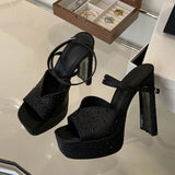 Xajzpa  Fashion Rhinestone High Heels Women Sexy Sandals Crystal Silk Ankle Strap Female Square Toe Chunky Platform Shoes Black