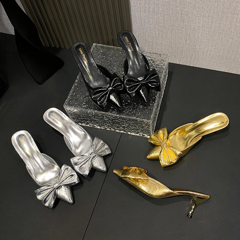 Xajzpa New Bow Women Mules Shoes Pointed Toe High Heels Slippers New Party Sandals Luxury Sexy Woman Brand Party Pumps Zapatos