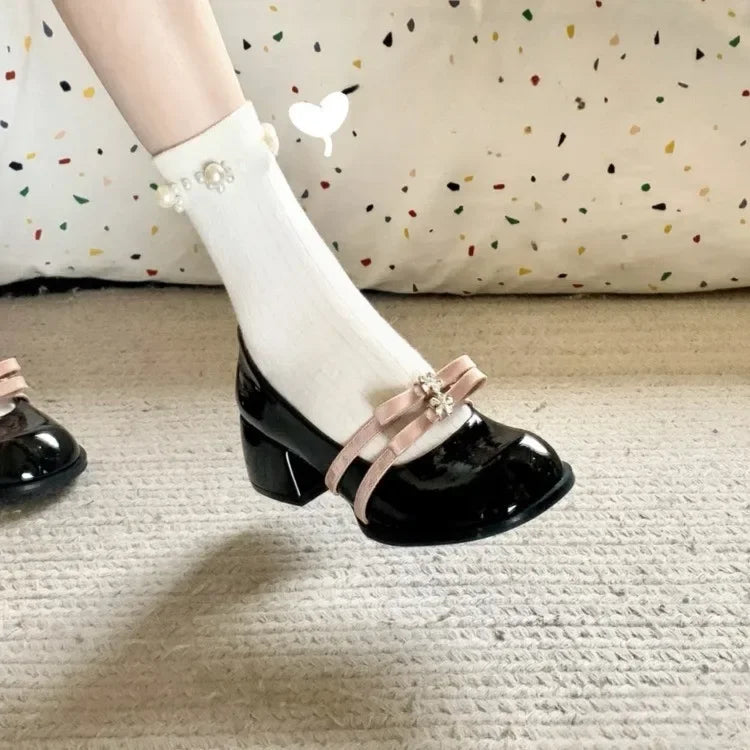 Xajzpa French Mary Jane Shoes Women's Spring 2025 New Style Versatile College Style Butterfly Knot Thick Heel Low Cut Single Shoes