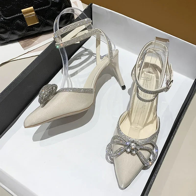 Xajzpa Banquet Dress White High Heels Elegant Temperament Dress Wedding Shoes Rhinestone Pointed Hollow Toe Sexy Sandals for Women