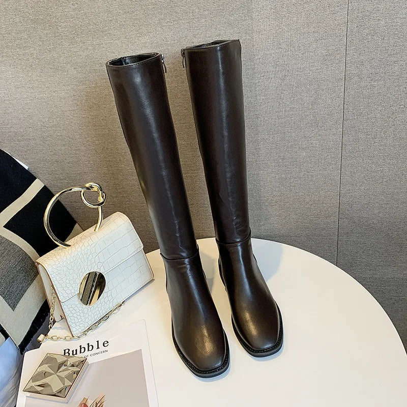 Xajzpa Winter Cotton Women Knee High Boots Fashion Zippers Ladies Elegant Low Heel Long Booties Soft Leather Women's Footwear