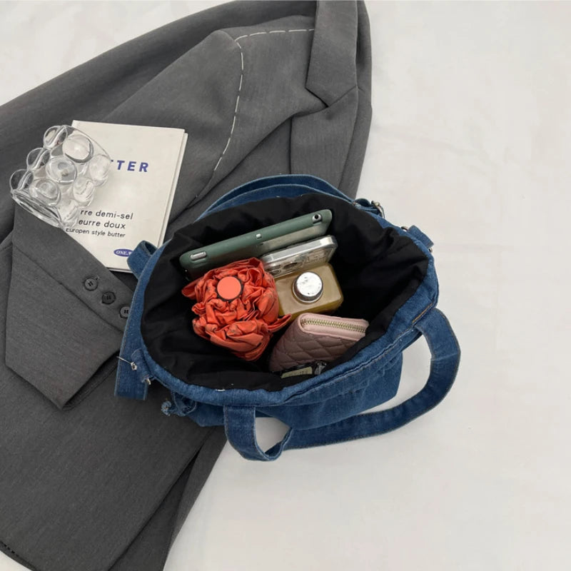 Xajzpa Denim Canvas Shoulder Bag Large Capacity Fashionable Drawstring Design Crossbody Tote Bag Student Textbook Shoulder Handbag