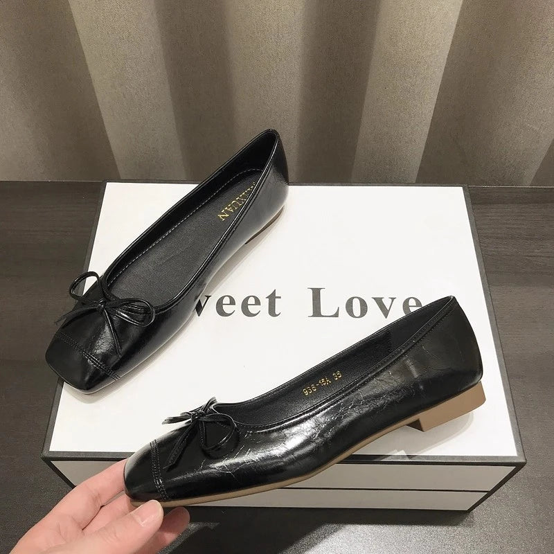 Xajzpa Bowtie Flat Shoes Women Ballerinas Square Toe Slip on Ballet Flats Lazy Loafers Moccasins Ladies Casual Comfort Shoes
