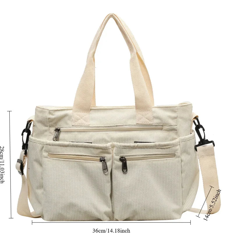 Xajzpa Corduroy Large Capacity Women Shoulder Bag Classic Korea Style Elegant Tote Bag Traveling Multilayer Thick Classy Crossbody Bag