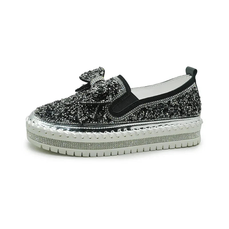 Xajzpa Fashion Rhinestones Woman Shoes Women Shining Rhinestone Slip-on Loafers Bowknot Lazy Casual  Plataforma Mujer