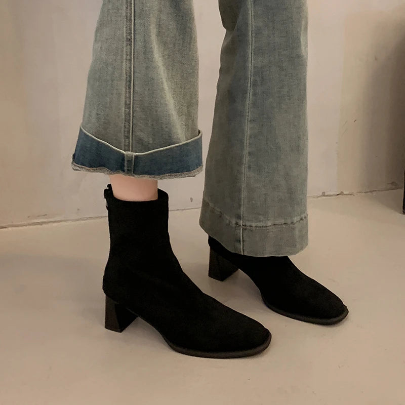 Xajzpa New Style Women's Ankle Boots Square Heel Platform Boots Women Sexy High Heels Shoes Winter Casual Fashion Boots Shoes for Women