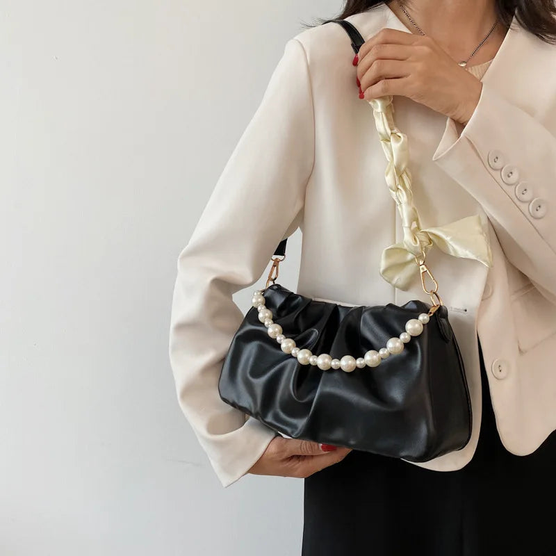 Xajzpa Fashion Pleated Crossbody Shoulder Bag Fashion Cloud PU Leather Small Handbags Purse Women Pearl Luxury Design Underarm Bags
