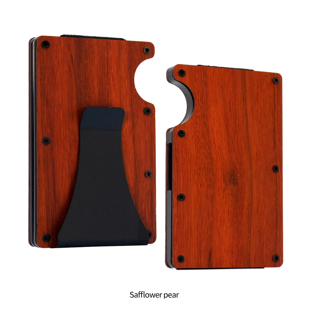 Xajzpa RFID Blocking Men's Wooden Wallet Ultra Thin Metal Money Clip for Men Minimalist Wooden Aluminum Wallet Card Holder