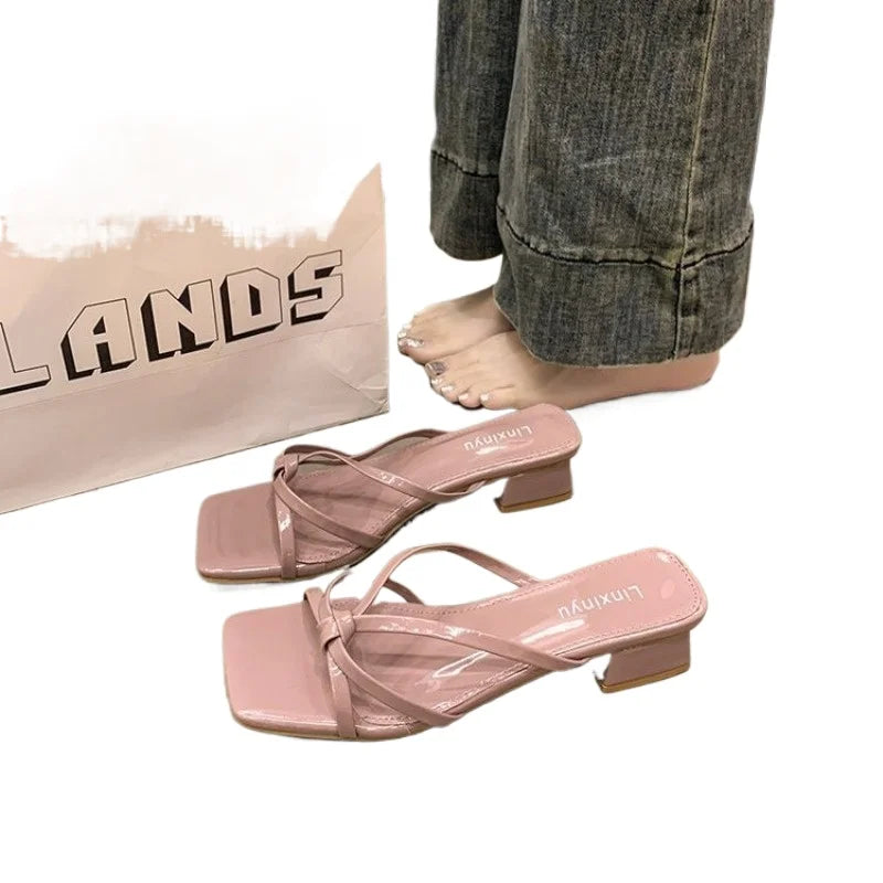 Xajzpa New Style Fashion Women's Shoes Peep Toe Square Toe Women's Slippers Outdoor Stiletto Heel Cross Thin Strip Modern Slippers