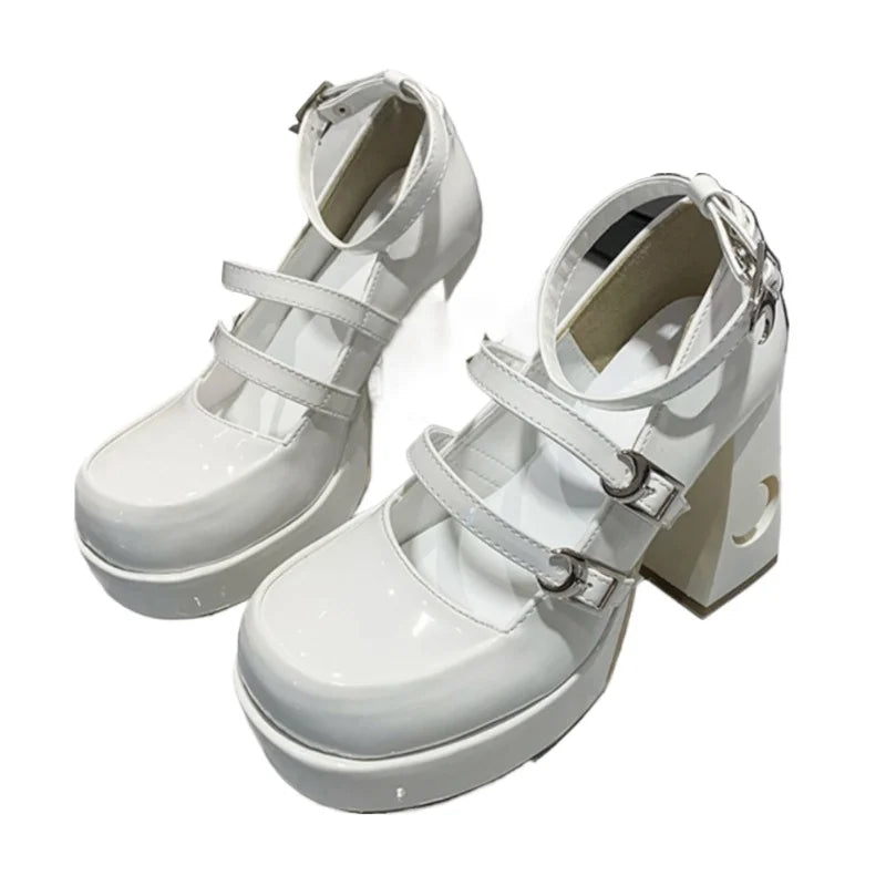 Xajzpa Pumps Lolita Shoes Platform Mary Jane Shoes Star Buckle Strap Women Cross-tied Pu Leather Girls Rivet Casual Shoes Kawaii
