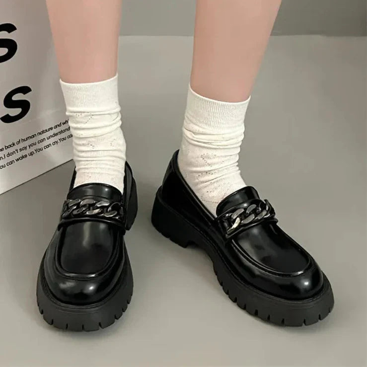 Xajzpa  Chunky Heel Platform Metal Chain loafers Women Pumps Black round toe small leather shoes Female Casual Retro JK Uniform shoes