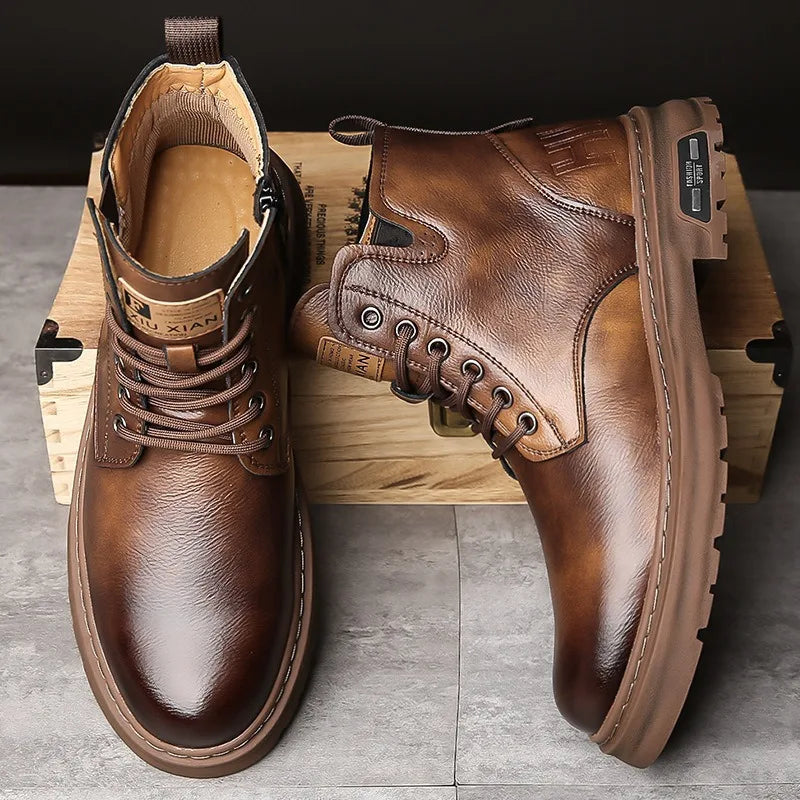 Xajzpa 2025 New MEN'S BOOTS with Retro Style Leather Boots, Thick Soles, Wear-resistant MEN'S High Top Casual Shoes