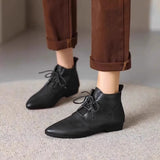Xajzpa Women's Ankle Boots Solid Color Leather 2026 Autumn Fashion Pointed Toe Lace-up Flat Boots for Women Casual Retro Sewing Shoes