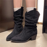 Xajzpa New Style Fashion Women's Mid-calf Boots Women Winter Ethnic Rivet Tassel Boots Woman Suede Pointed Thick Heel Shoes Boots