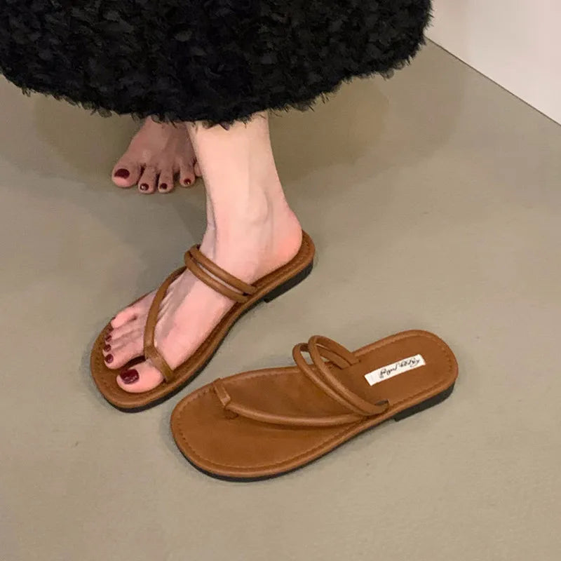 Xajzpa Summer New Brand Women Slippers Fashion Narrow Band Ladies Elegant Slides Flat Heel Outdoor Gladiator Shoes Beach Shoes