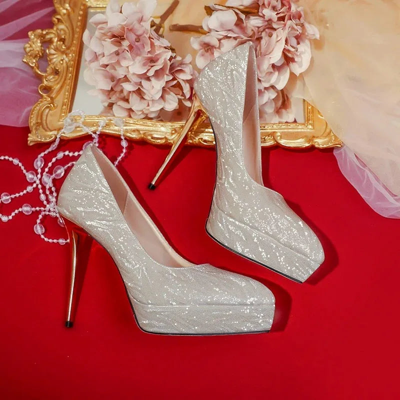 Xajzpa Platform Heels Latest Bridal Shoes Sandals Ladies Women's Bride Beige Crystal African Pumps High Bridal Shoes Platform