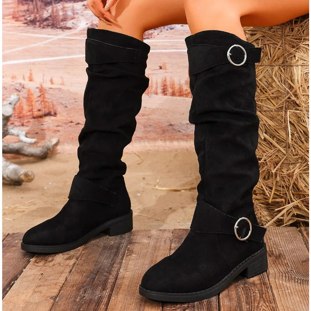 Xajzpa New Women Stylish Mid-Calf Slouchy Boots Soft Comfortable Round Toe Design Easy Pull-On Closure Outdoor Casual Shoes Shoes