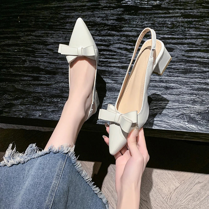 Xajzpa New Women's High Heels Sandals Butterfly-knot Design Footwear Chic Pointed Patent Leather Beige Elegant Female Wedding Shoes