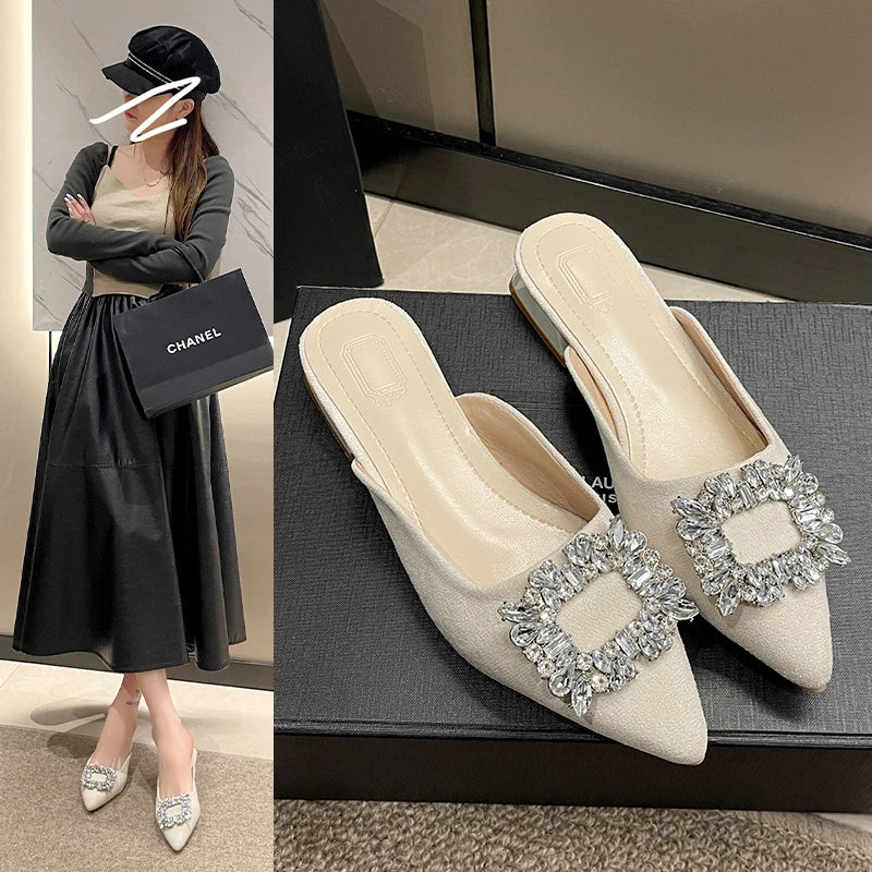Xajzpa New Women's Shoes New Mules Women's High Heels Fashion Wedding Pump Women Rhinestone Pointed Toe Sandals Ladies Zapatos Mujer