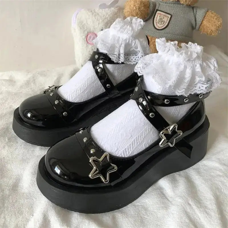 Xajzpa  Shoes Lolita shoes Women heels platform mary janes Star Buckle Strap Mary Janes Women Cross-tied Girls Rivet Casual kawaii shoes