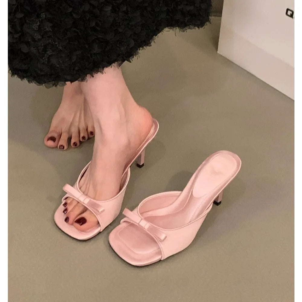 Xajzpa New Women's Slipper Mules Low High Heels Shoes Summer Best Street Look Females Square Head Open Toe Bow Strappy Sandals
