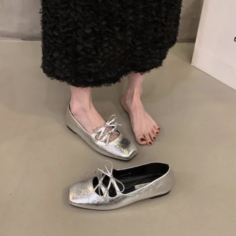 Xajzpa Sweet Double Bowknot Women Mary Jane Shoes New 2024 Square Toe Dress Flat Shoe Ladies Red Soft Sole Shoes Zapatos