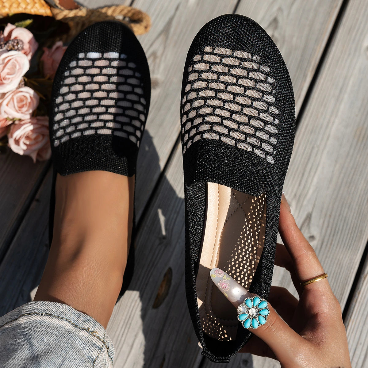 Xajzpa Round-toe Four-Season Walking Shoes, Flat Slip-On Casual Shoes with Mesh Design, Comfortable Women's Shoes for Lazy Wear