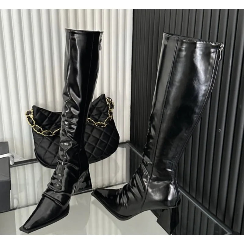 Xajzpa New Stretch Soft Leather Women Over the Knee High Boots Fashion Pointed Toe Shoes Autumn Winter Thick Heel Ladies Long Booties