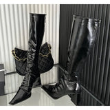 Xajzpa New Stretch Soft Leather Women Over the Knee High Boots Fashion Pointed Toe Shoes Autumn Winter Thick Heel Ladies Long Booties