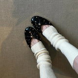 Xajzpa New Women Flat Shoes Autumn Round Toe Shallow Mouth Patent Leather Butterfly Knot Rivet Casual Shoes Soft Sole Single Shoes