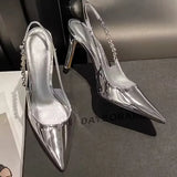 Xajzpa New Women's Shiny High Heels Slingback Women Pumps Metallic Crystal Sandals Pointy Toe Stiletto Heeled Shoes Party Dress Shoes
