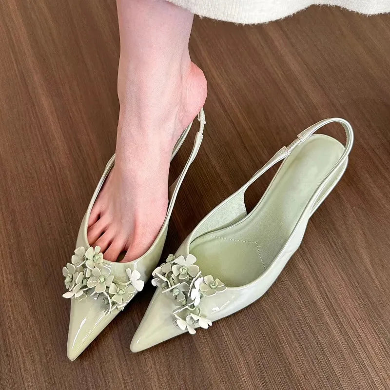 Xajzpa New Style Women's Spring Green Flower Pointed Elegant High Heels for Women Fashion Shallow Mouth Slingbacks Sandals Casual Pumps