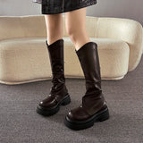 Xajzpa New Women Knee High Belt Buckle Round Toe Thick Sole Platform Chunky Heel Women Boot Solid Color Slip on Ins Western Sexy Shoes