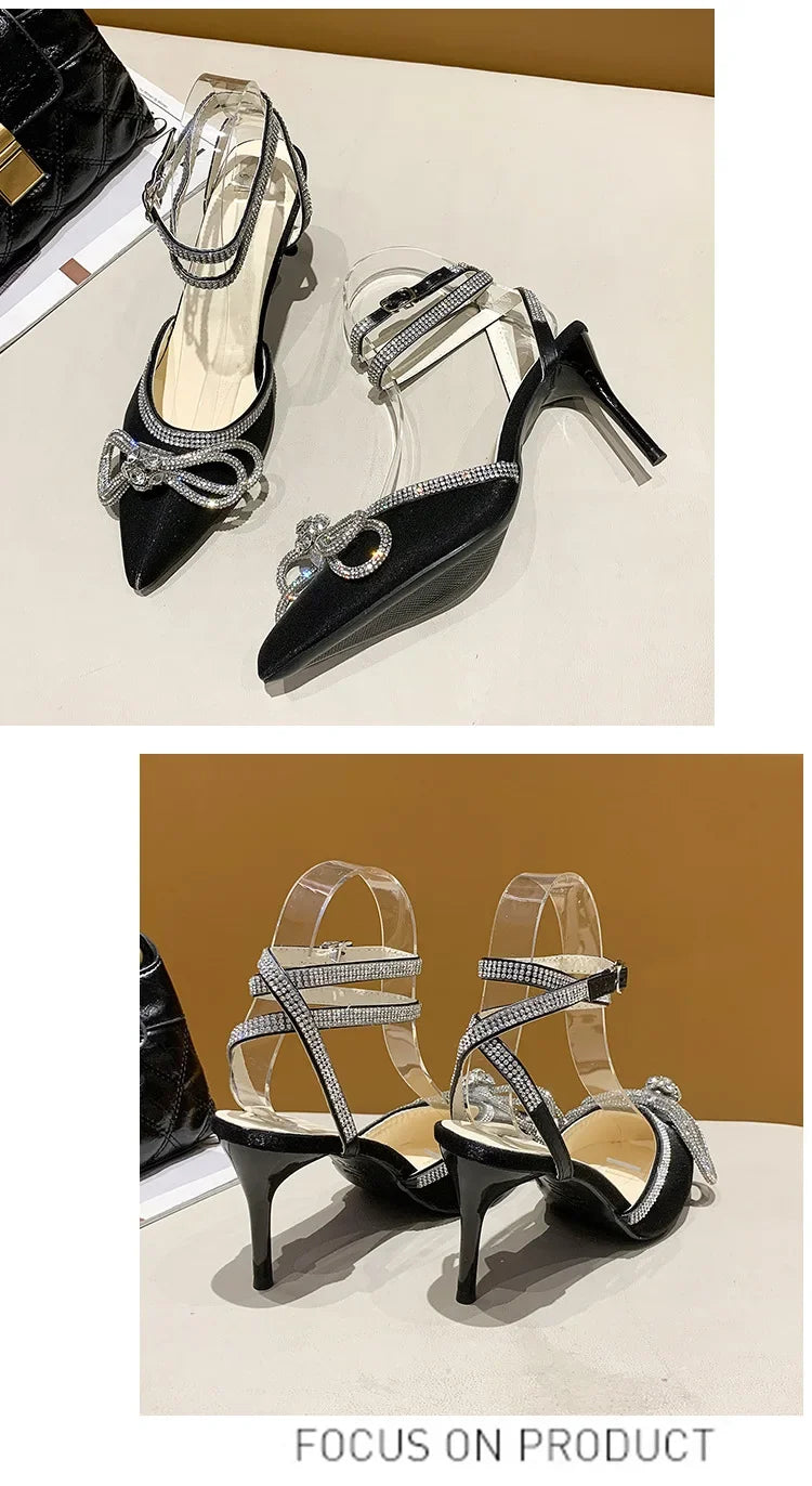 Xajzpa Banquet Dress White High Heels Elegant Temperament Dress Wedding Shoes Rhinestone Pointed Hollow Toe Sexy Sandals for Women