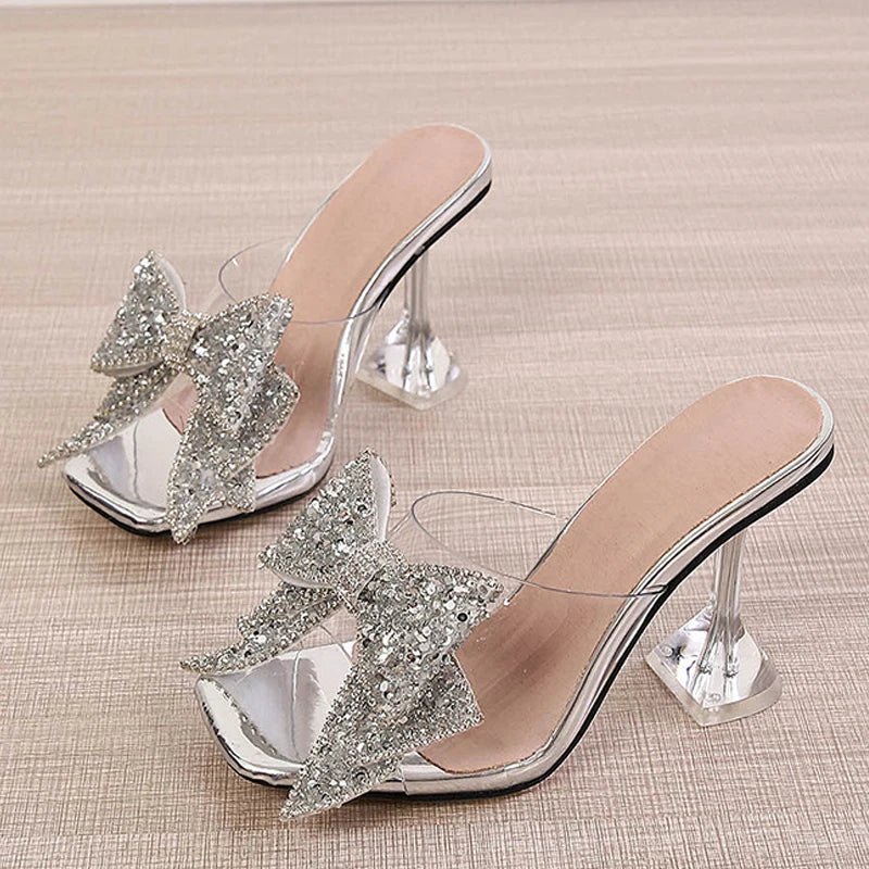 Xajzpa New Transparent Slippers For Women Fashion Silver Crystal Bowknot High Heels Female Mules Slides Summer Sandals Shoes