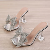 Xajzpa New Transparent Slippers For Women Fashion Silver Crystal Bowknot High Heels Female Mules Slides Summer Sandals Shoes
