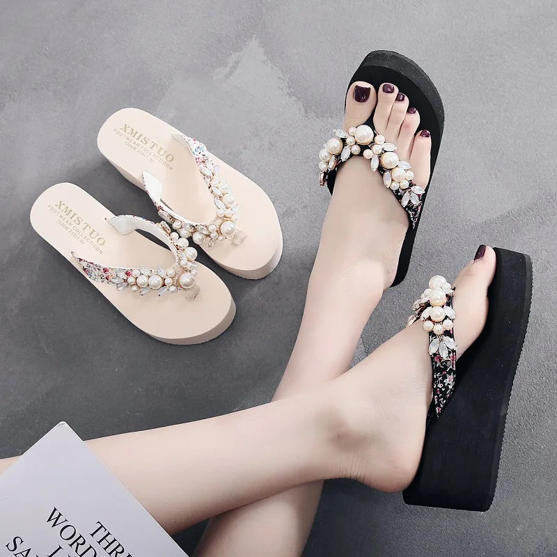 Xajzpa On A Wedge Slippers Casual String Bead Beach Shoes Platform Rubber Flip Flops Slides Slipers Women Heeled Mules Luxury Sabot Haw