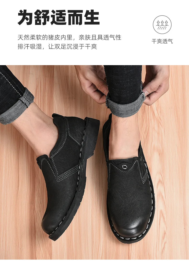 Xajzpa Men Genuine Leather Vintage Loafers Casual Shoes Mens Breathable Driving Flats Fashion Sewing Men Leisure Shoes Sneakers