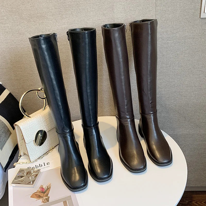 Xajzpa Winter Cotton Women Knee High Boots Fashion Zippers Ladies Elegant Low Heel Long Booties Soft Leather Women's Footwear