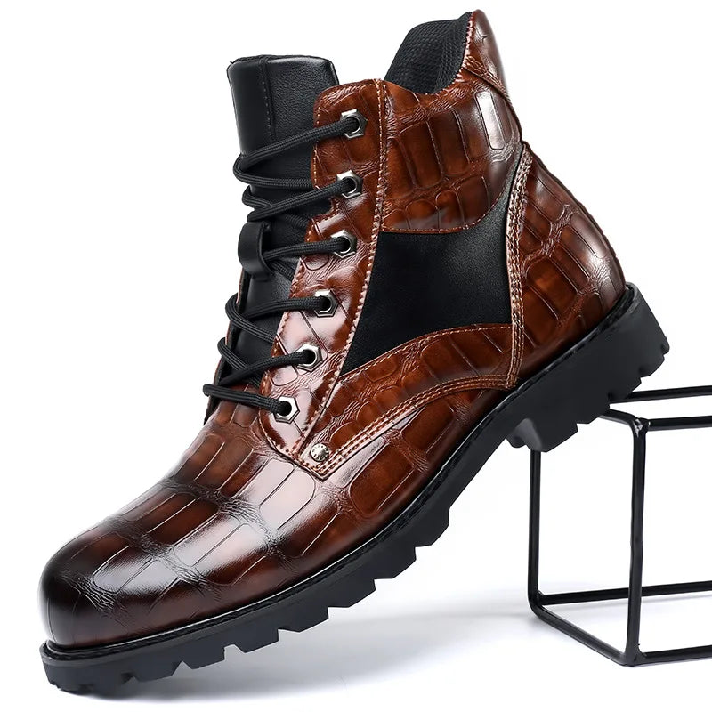 Xajzpa Men Shiny Mid-cut Boots Autumn Lace-up Crocodile Leather Men's Shoe Thick-soled Non-slip Motorcycle Ankle Boots Large Size 38-48