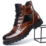 Xajzpa Men Shiny Mid-cut Boots Autumn Lace-up Crocodile Leather Men's Shoe Thick-soled Non-slip Motorcycle Ankle Boots Large Size 38-48