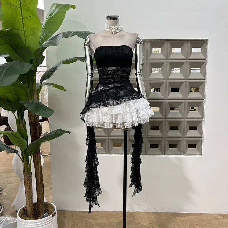 Xajzpa Fashion Two Piece Set Irregular Lace Top + High Waisted Fluffy Skirt Solid Color Female Elegant Birthday Dress New