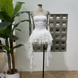 Xajzpa Fashion Two Piece Set Irregular Lace Top + High Waisted Fluffy Skirt Solid Color Female Elegant Birthday Dress New